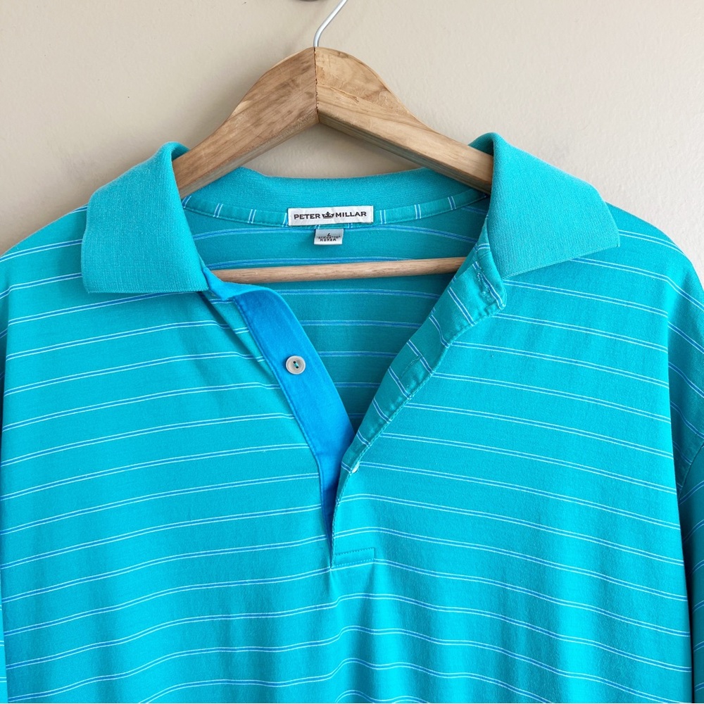 PETER MILLAR men’s turquoise polo golf shirt size large striped 100% cotton - Picture 2 of 6